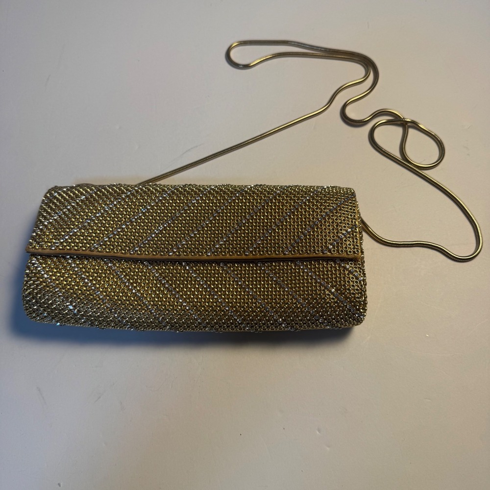 Whiting & Davis Gold Mesh Rhinestone Clutch Vintage 90s Evening Bag Snake Chain